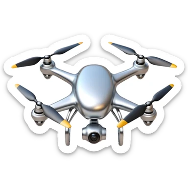 A futuristic drone emoji made of polished silver chrome, smooth rounded body, minimal propellers, reflective metallic surface, soft studio lighting, iOS emoji style, centered, clean white background sticker