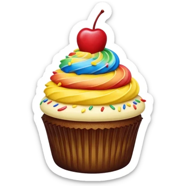 Vanilla cupcake with yellow frosting, chocolate  drizzle, rainbow sprinkles & a cherry on top  sticker