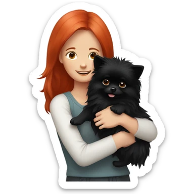 Red-haired-girl-hugs-her-black-pomeranian-dog sticker