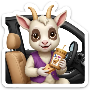 cute baby goat eating peanut butter and jelly driving in a bmw x1, holding a peanut butter and jelly in hand sticker