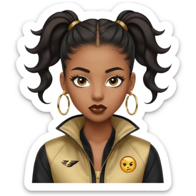 “black Emoji girl, fierce confident expression, sharp black winged eyeliner, bold brows, matte nude lips, long curled lashes, sleek high ponytail, gold hoop earrings, sporty streetwear jacket.” sticker