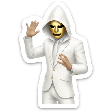 White suit white hood Guy with gold Mask raising his right hand and looking down sticker