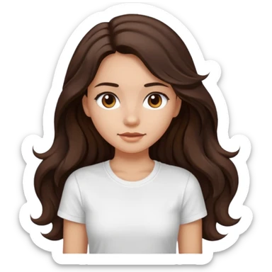 iOS style emoji. A girl with very long dark brown wavy hair. And the eyes color is dark brown. And she is wearing white t shirt  sticker