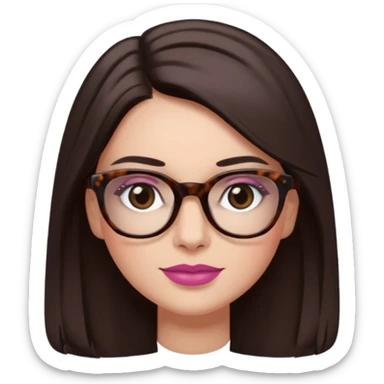 White woman with long straight dark brown hair parted in the middle, dark Brown eyes, light tortoiseshell framed glasses (no pink colour). The lips have soft dark old pink coloured lipstick, and lith smile (no teeth showing) sticker