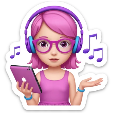 Little girl with purple headphones when pink eyes and pink iPad and pink dreamy background and rose colored glasses and blue music notes around her and pink dress sticker
