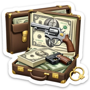 Icon for Action & Crime Reading: an open book, action-packed scenes, featuring a gun, handcuffs, a detective's badge and a briefcase with money. The icon should capture the tension and excitement of crime and action stories. Transparent background. sticker