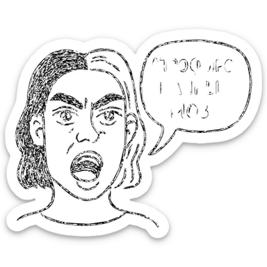 A hand-drawn outlined character with hazel-green almond eyes, wide eyebrows, brunette with white front strands, plump lips, chin dimple, square face, high cheekbones, small nose, shouting 'атрофированный мозг' sticker