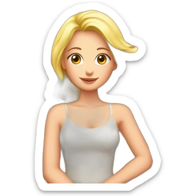 beautiful blonde with sitting on a giant peach sticker