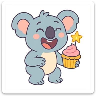 laughing koala holding cupcake with star candle, pastel-toon style sticker