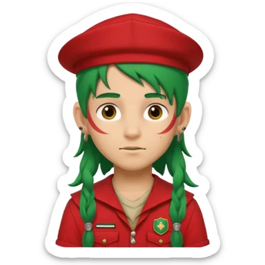 scout boy long hair face tatooes green haired, wearing red uniform with hat sticker