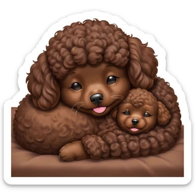 Meme-Worthy Cute Sleeping Chocolate Poodle Portrait Emoji, Head resting peacefully with a contented smile, showcasing a delightfully elegant build and a luxuriously soft, curly chocolate Fur, eyes shut in a serene nap, Simplified yet hilariously adorable features, highly detailed, glowing with a soft, drowsy light, high shine, relaxed and utterly lovable, stylized with an air of playful laziness, bright and heartwarming, soft glowing outline, capturing the essence of a comically sleepy companion, so meme-worthy it feels like it could instantly become the next viral sensation of adorable slumber! sticker
