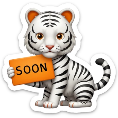 White Tiger. He is holding a sign with SOON - written on it. sticker