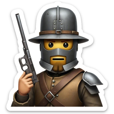 Cinematic Realistic Ned Kelly Portrait Emoji, depicted as the legendary Australian bushranger in his iconic homemade iron helmet and armor, gripping a revolver with a defiant stance. The scene is rendered with gritty textures and dramatic, shadowed lighting, evoking the lawless frontier and his rebellious, fearless legacy. sticker