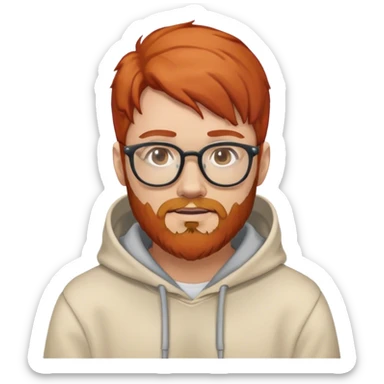 redhead guy with beard and glasses wearing a hoodie sticker