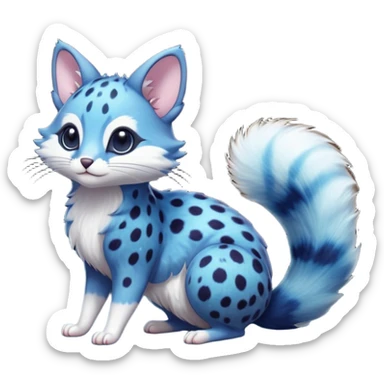 Hyper realistic  deep-ocean indigo fur seeded with bioluminescent plankton speckles beautiful elegant pretty precious cute  Fakémon-Pokémon-opossum-feline-serval-caracal-chinchilla-Furret-Minccino-hybrid-creature with a big fluffy bushy tail (full body) sticker