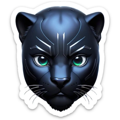 Cinematic Noble black Panther Portrait Emoji, Poised and regal, with a sleek, muscular build draped in glossy, midnight-black fur and piercing, luminescent eyes, Simplified yet sharp and sophisticated features, highly detailed, glowing with a soft, mysterious glow, high shine, intelligent and enigmatic, stylized with an air of stealthy authority, focused and commanding, soft glowing outline, capturing the essence of a watchful and confident jungle guardian that appears ready to prowl out of the screen with effortless authority! sticker