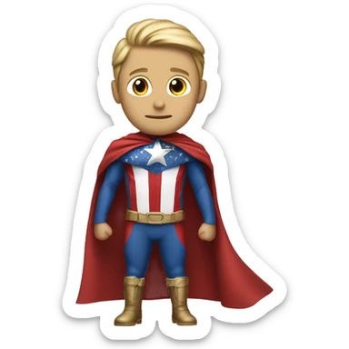 Emoji of Homelander from ‘The Boys’ series. USA flag-inspired costume with cape (red, blue, white). Confident, slightly menacing expression. sticker