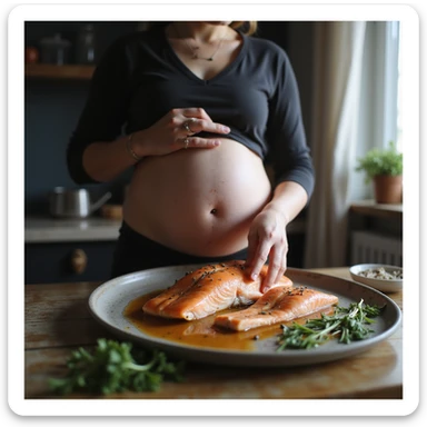 realistic pregnant woman in 4K cooking at home putting aside raw salmon with clearly visible parasites in the flesh sticker