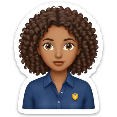 brown skin woman with dark brown curly hair wearing a navy blue shirt sticker
