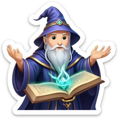 An icon representing an adventure game, inspired by mystical fantasy. The design features a wise and powerful wizard floating above an ancient spellbook, arcane runes glowing beneath him. The swirling cosmic background hints at deep magical knowledge, adventure, and untold power. Transparent background. sticker