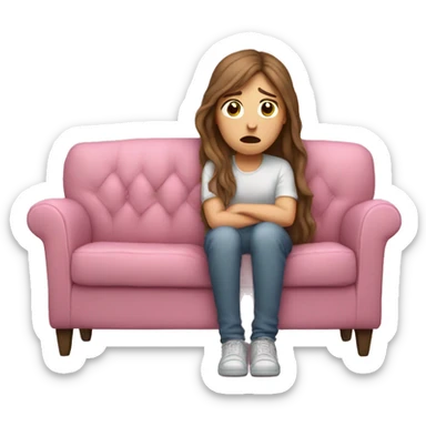 sad white girl with long brown hair crying on the cozy pink couch  sticker