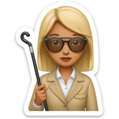 A blind person wearing sunglasses and holding a guide cane sticker