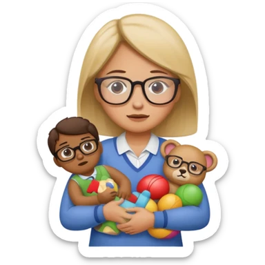A kindergardenteacher carrying toys while looking exhausted and stressed. sticker