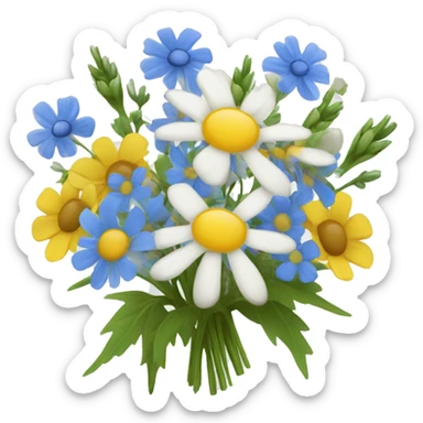 A bouquet of white, yellow, and blue wildflowers  sticker