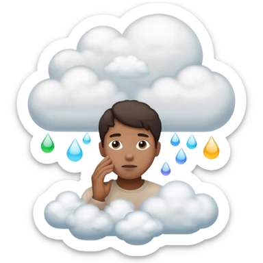 the items in the clound dont u underst<nd so it looks like hes thinking about that  sticker