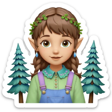 Kind happy whimsical quirky Girl toymaker, wood carving elf. Woodland nature creator. Blue eyes. Short bob, brown wavy hair with bangs. Whimsical playful cute. Overalls with nature embroidered cute shirt collar. Light green, light purple and light blue colour aesthetic  sticker