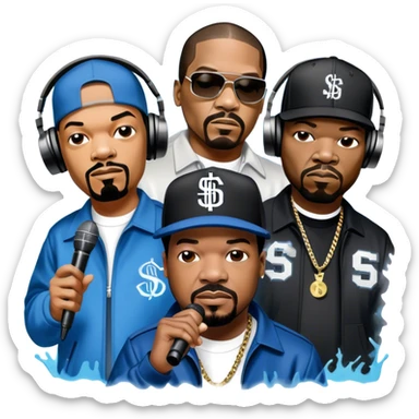 Icon for Rap Music: collage of rap legends—Snoop Dogg, Ice Cube, Dr. Dre, and 50 Cent. Iconic elements include microphones, headphones, and urban street elements like graffiti. Bold, energetic vibe with a hip-hop style. Transparent background. sticker