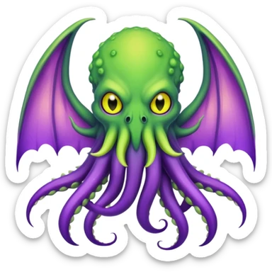 light green Cthulhu with purple bat wings and purple gradient tentacles. Yellow eyes sticker