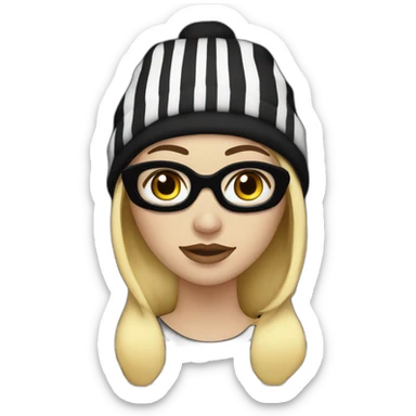 blonde woman in fully black beanie hat, black eye mask and striped shirt sticker