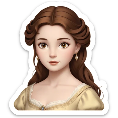 Cinematic Realistic Belle Portrait, depicted with lifelike skin texture, soft natural lighting, and intricately detailed brown hair styled elegantly. Her deep, expressive eyes exude warmth and intelligence, complemented by a serene and graceful expression. She is dressed in her classic attire, with rich fabric textures and delicate folds that catch the light beautifully. The portrait features a soft, enchanting glow with a natural, radiant finish, capturing the essence of timeless beauty in a realistic and painterly style, evoking a sense of depth and authenticity. sticker