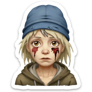 very dirty looking homeless woman with ripped hat and smudged face with ugly hair sticker