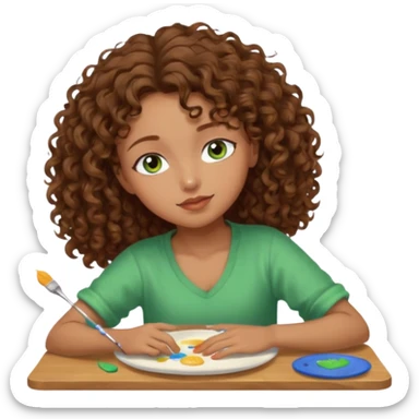 Brown curly hair girl blue green eyes painting sleeping eating dancing listening to misic sticker