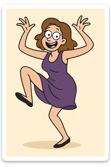 Change the dress to purple, keep the woman dancing poorly in the same style and pose. sticker