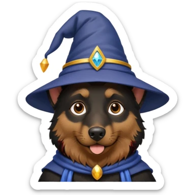 black german shepherd face wearing a wizard hat sticker