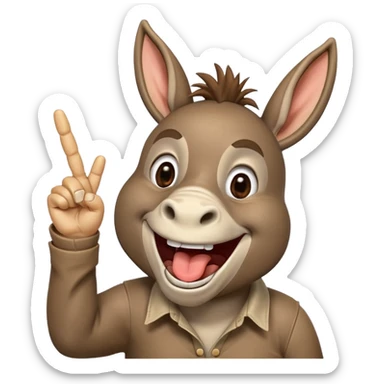 A donkey with a piece of straw in their mouth laughing hysterically while pointing up the middle finger sticker