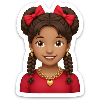 Brownskin girl dark brown hair fluffy. pigtails with red bows brown eyes smiling closed mouth red shirt gold esrrings gold necklace sticker