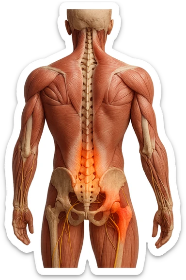 CORPO UMANO ANATOMICO REALISTICO DI SPALLE CON DOLORE ALLA LOMBARE INFIAMMATA, DOLORE ALL'ANCA, IPERREALISTICO 4K sticker