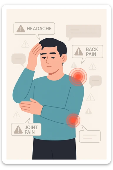 uomo che ignora i suoi un mal di testa, mal di schiena e dolore articolare e ignora ogni segnale e messaggio che il corpo manda per avvertirlo sticker