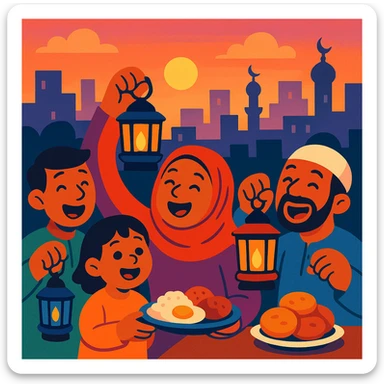 group of happy people with lanterns and food, waking up for sahur, city skyline at dawn, warm inviting cartoon style sticker