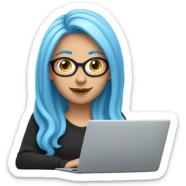 a white girl with long blue hair in a black sweatshirt is sitting at a laptop sticker