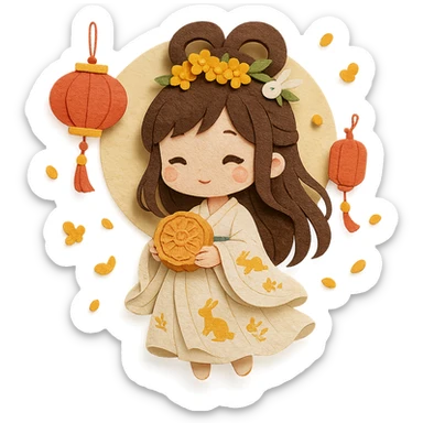 cute chibi girl in moon-white hanfu with gold moon rabbit patterns, osmanthus flower crown, jade rabbit hairpin, holding round lotus mooncake, floating red palace lanterns and osmanthus petals, pale gold full moon behind, dreamy paper-craft style, full body, transparent background sticker