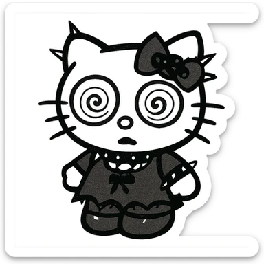 gothic Hello Kitty with exaggerated funny eyes, gothic accessories, comical look sticker