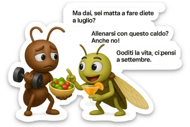 EMOJI STILE IPHONE 3D DI una cicala e una formica che parlano tra loro, la formica ha nella mano destra un manubrio da palestra e nella nella mano sinistra una bowl di insalata, la cicala invece ha un cocktail in mano, la cicala prende in giro la formica E LE DICE IN 3 FUMETTI DIFFERENTI: "Ma dai, sei matta a fare diete a luglio?”
“Allenarsi con questo caldo? Anche no!”
“Goditi la vita, ci pensi a settembre.”
 sticker