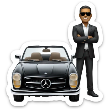 Latino Businessman with sunglasses standing in front of black Mercedes convertible sticker