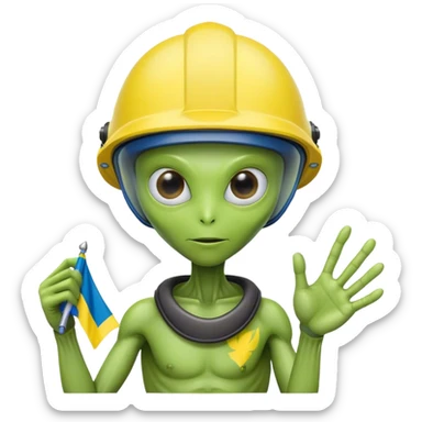 Green alien in helmet, with Ukraine flag in a hand sticker