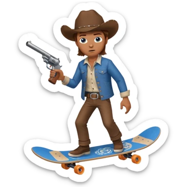 A very dangerous looking cowboy holding a gun and riding a skateboard  sticker